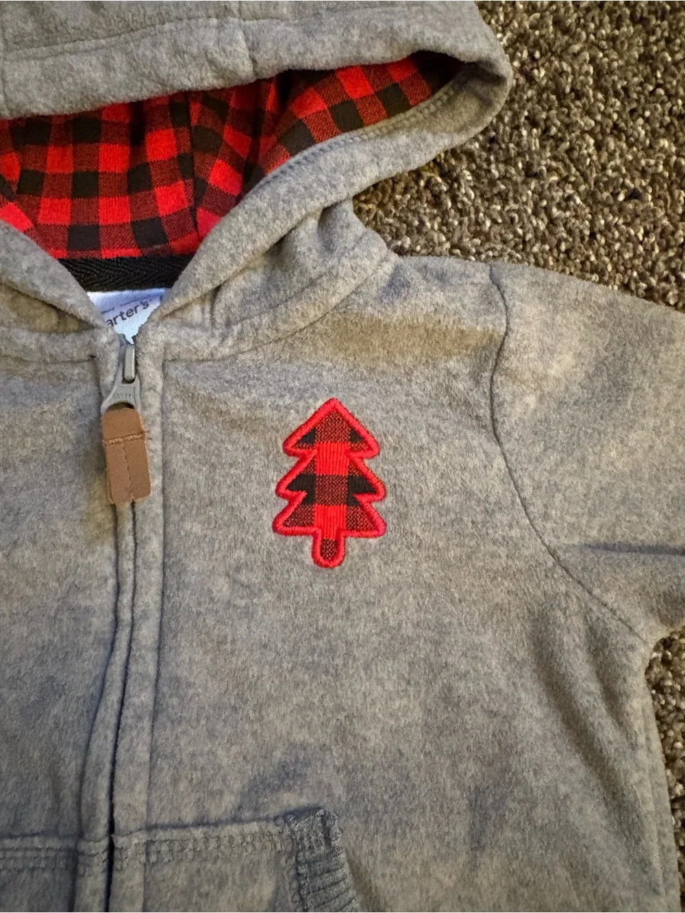Carter's Gray Zip-up Hoodie with Red Plaid Lining and Tree Patch